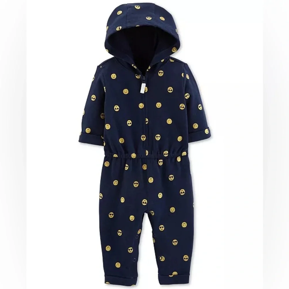 Carter’s Navy Blue Emoji Smiley Face Hooded Zip Jumpsuit
